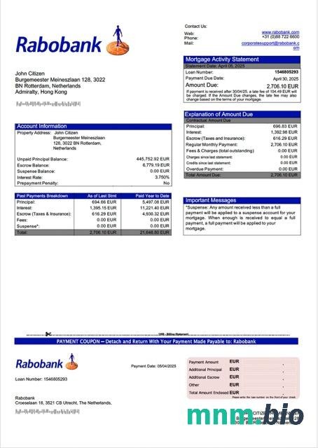 Holandia Rabobank wyciąg z kredytu hipotecznego szablon Word i PDF